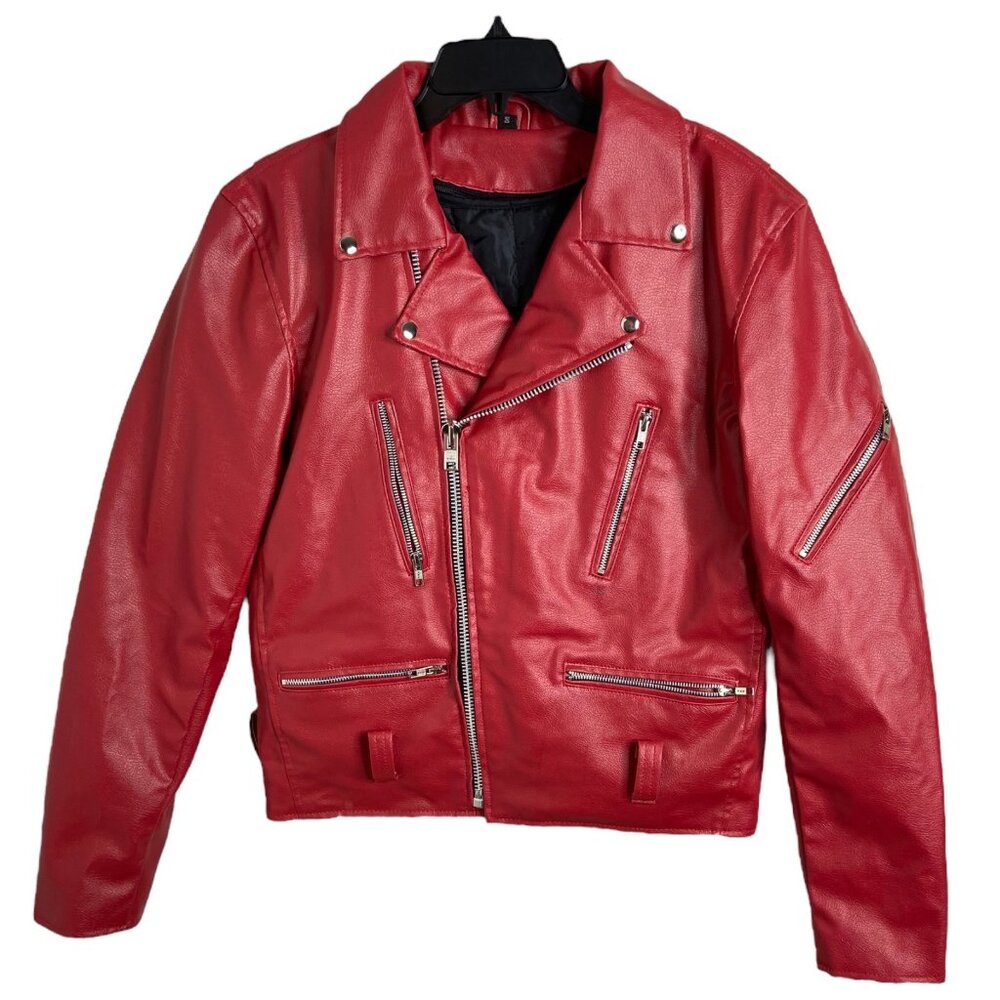 The Alley Chicago Red motorcycle Jacket Vegan Leather multi pocket small‎